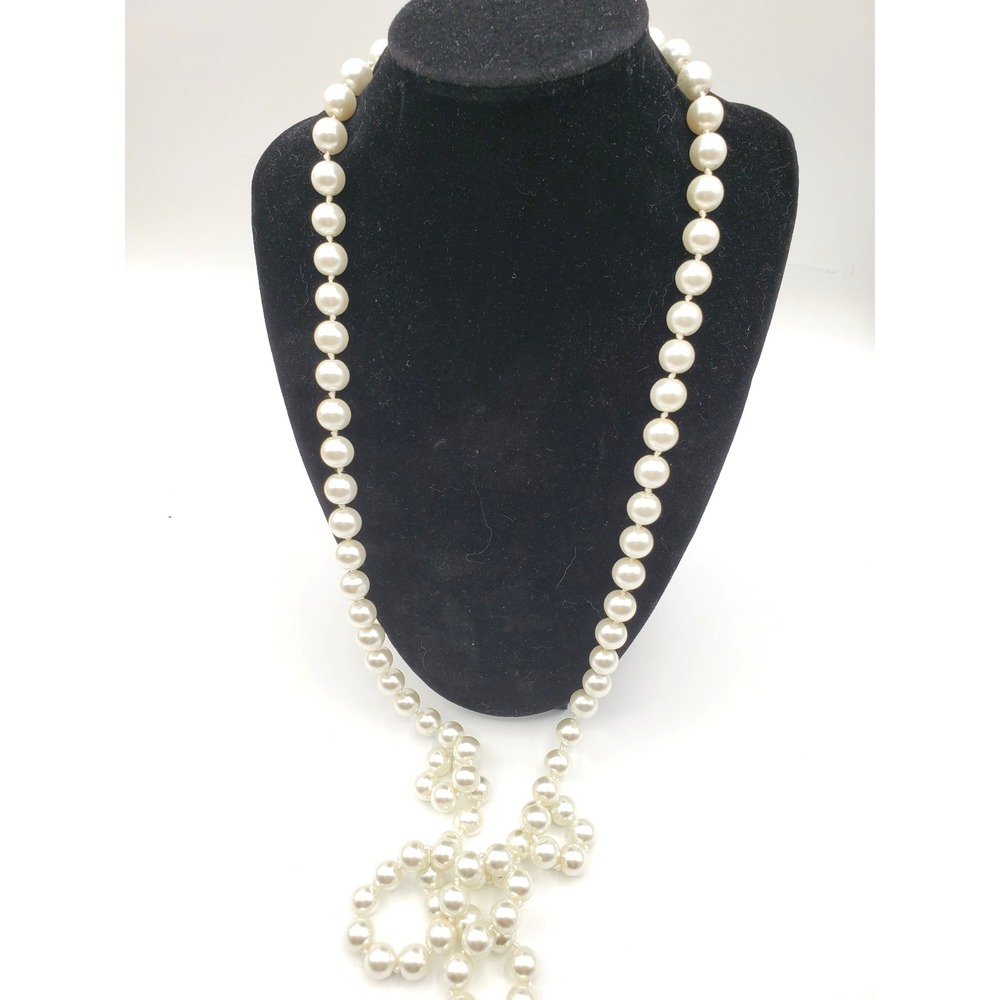 Vintage 42" Glass Faux Pearl Opera Necklace Individually Knotted White Tones